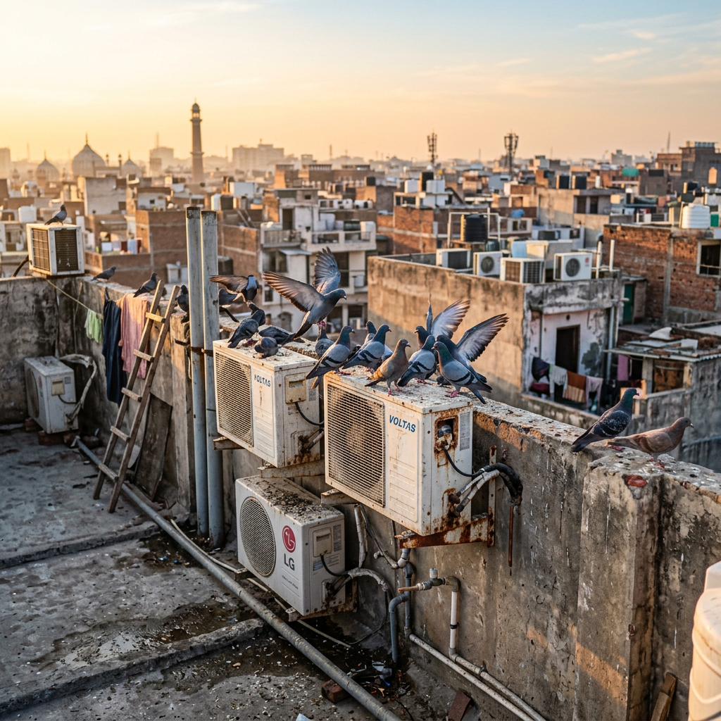 Pigeons perched and flying on rooftop air conditioning units with urban buildings in background at sunset